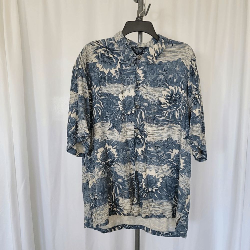 vintage club 100% silk Hawaiian shirt grayblue men's size XL